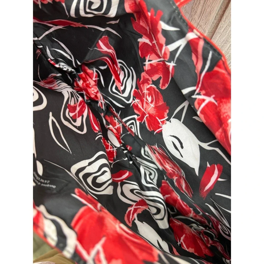 Lancome Red Canvas Tote Bag Floral Rose Lining Faux Leather Pocket Large Travel